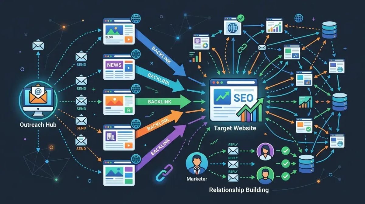Link building outreach sureci — e-posta, backlink aglari ve domain baglantilari